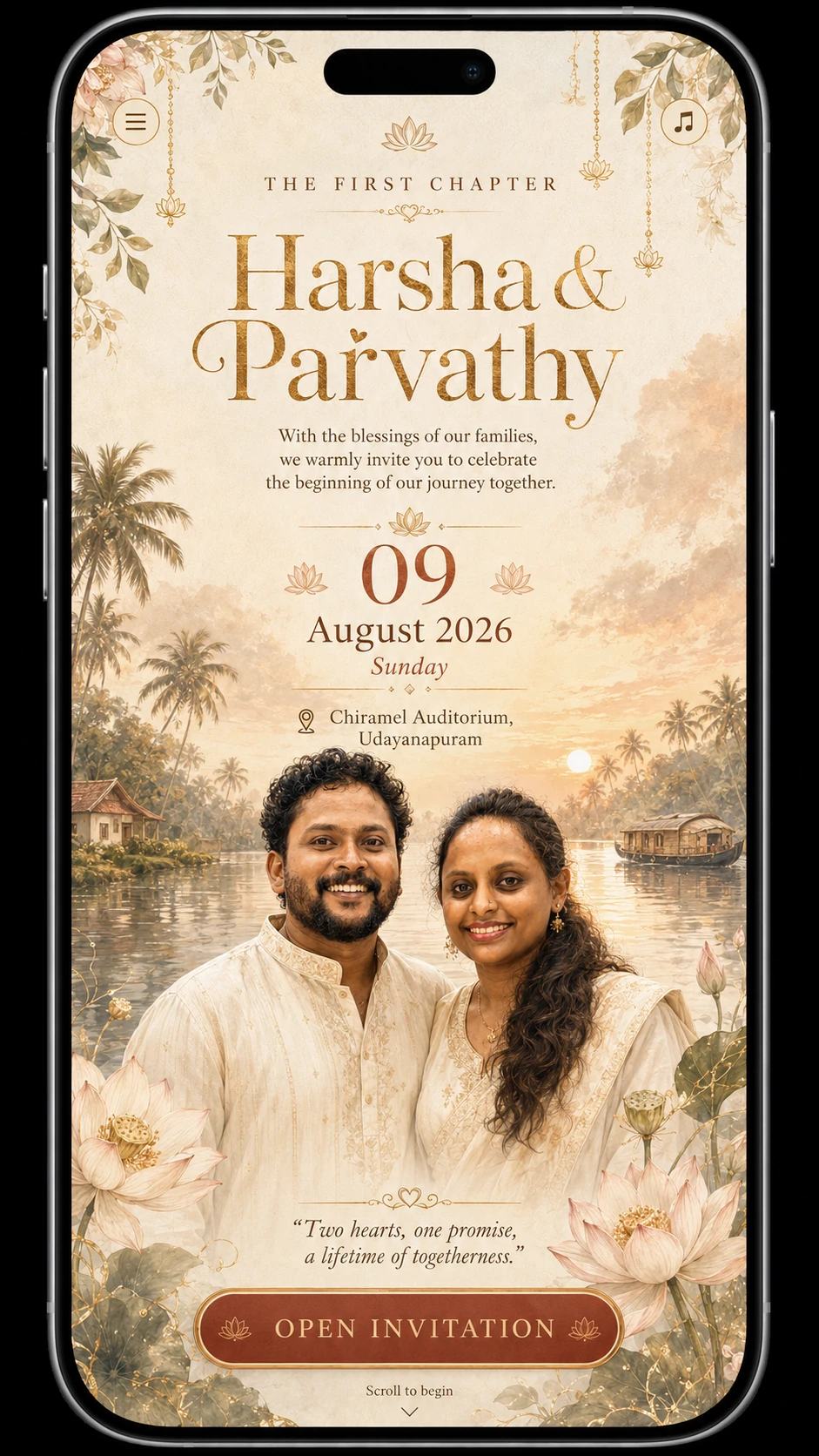 Harsha and Parvathy wedding invitation artwork