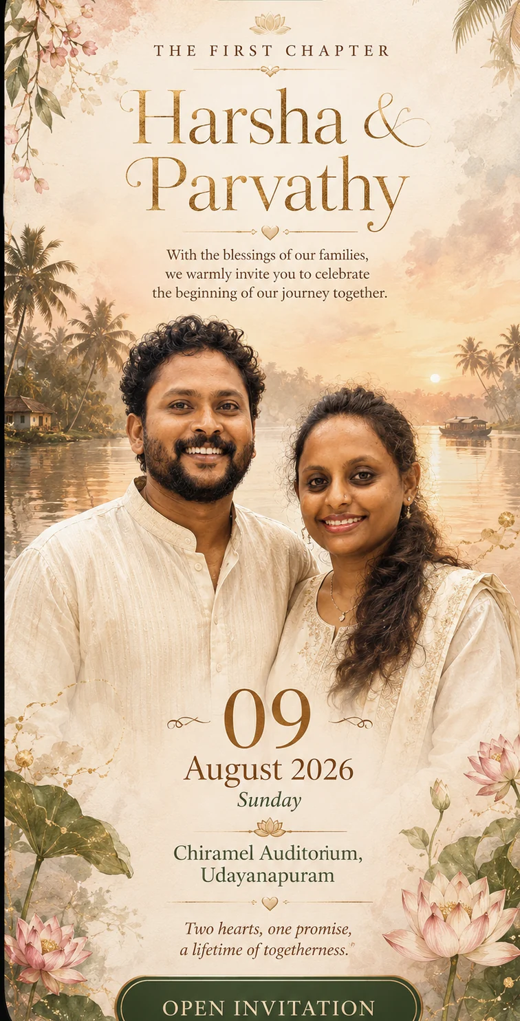 Harsha and Parvathy wedding invitation artwork